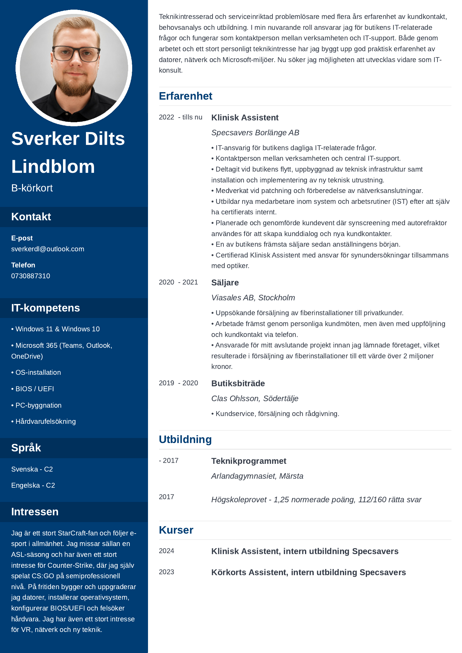 CV för Sverker Dilts Lindblom